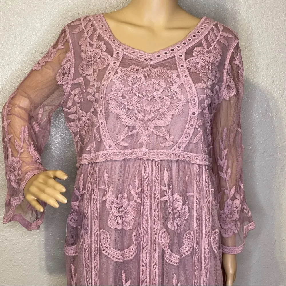 Jodifl Boho Hippie Blush Pink Dress Embroidered Sheer Mesh Over Lining Sz M/L